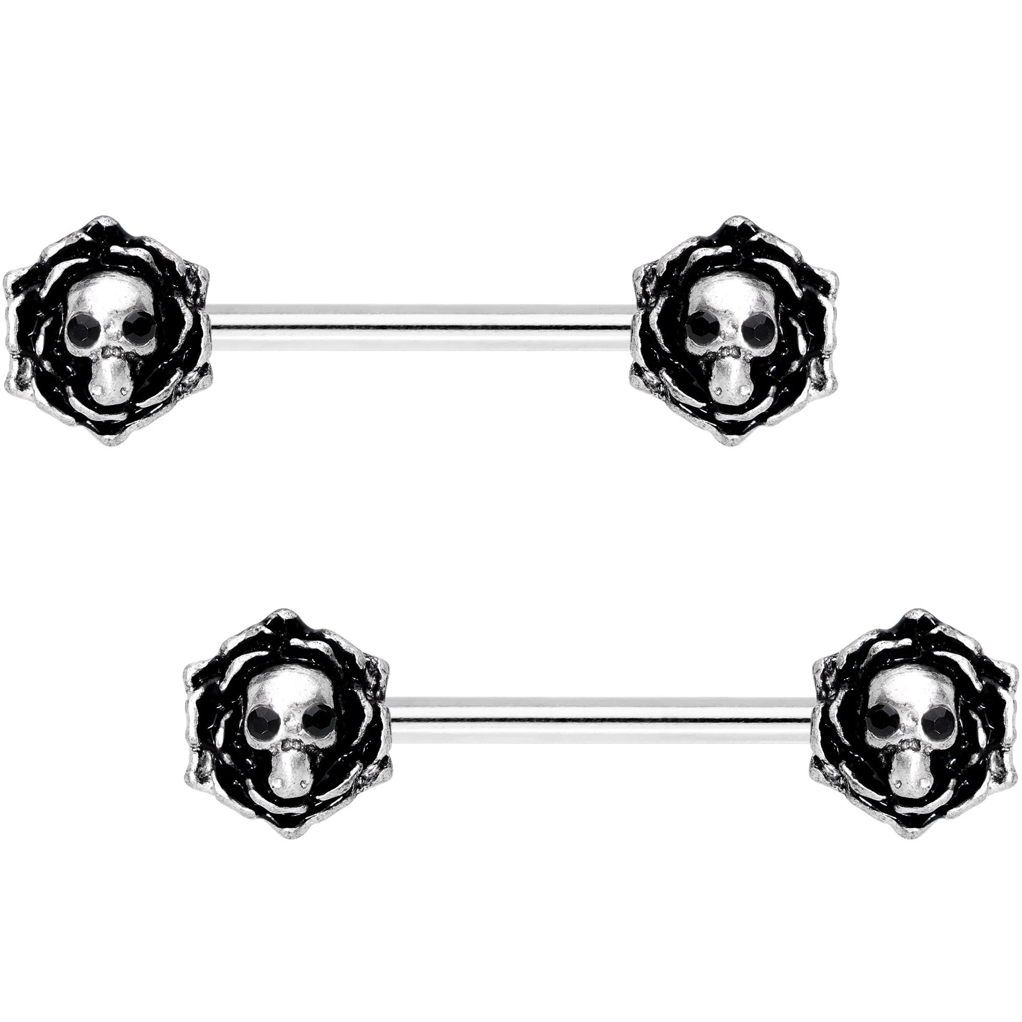 14 Gauge 9/16 Black Gem Skull Rose Flower Barbell Nipple Ring Set