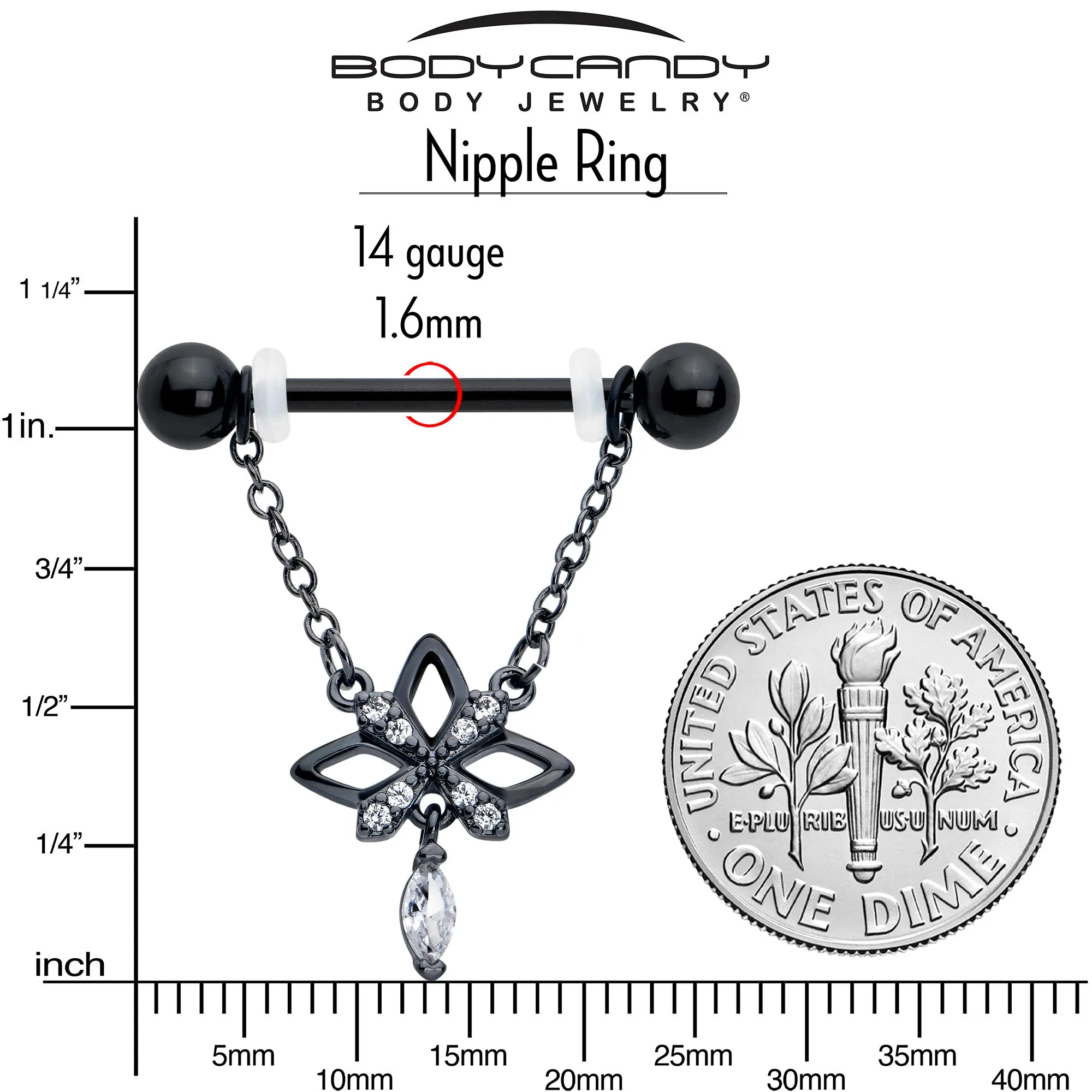 14 Gauge 9/16 Clear CZ Gem Black Gothic Star Dangle Nipple Ring Set