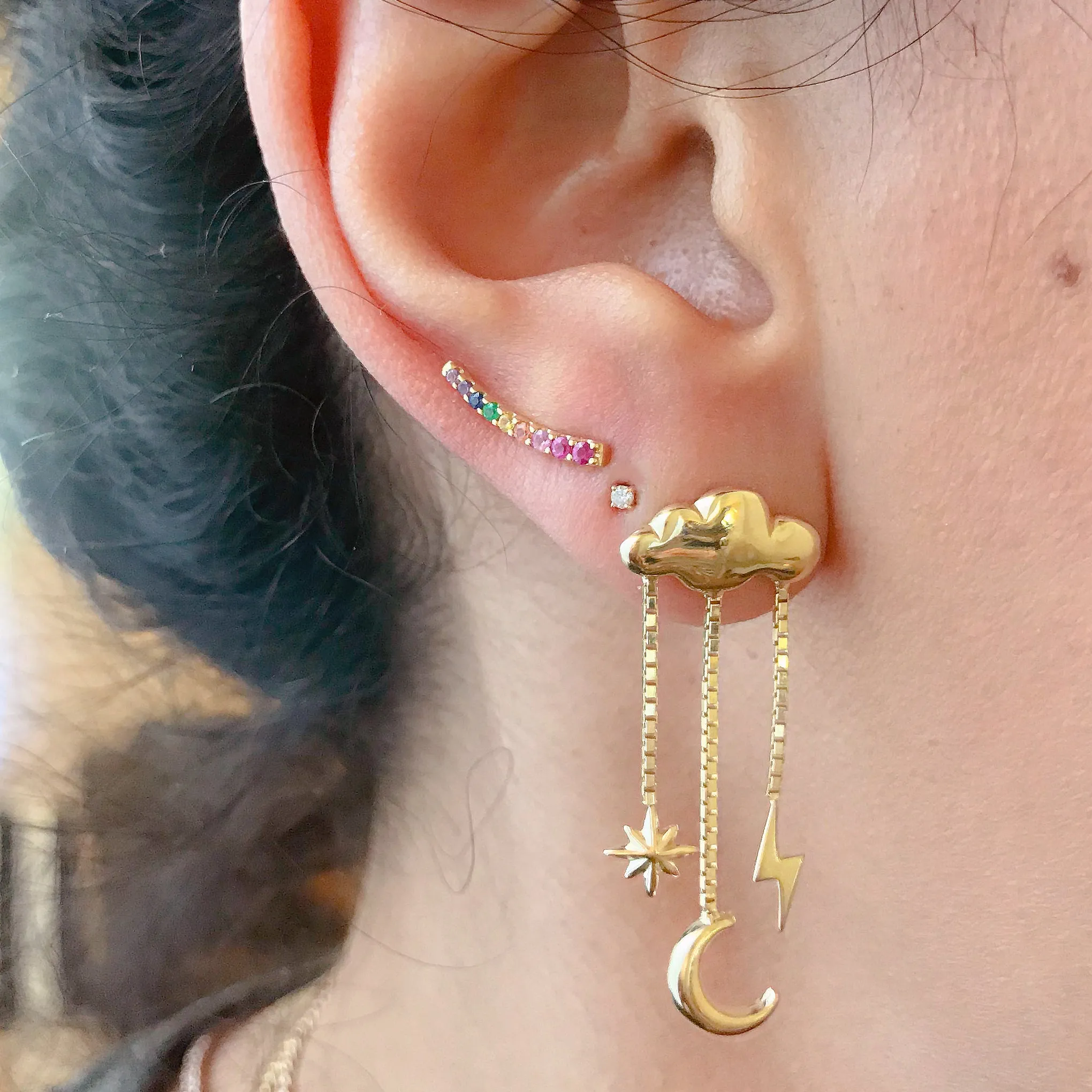 14K Gold Celestial Cloud Stud Earrings