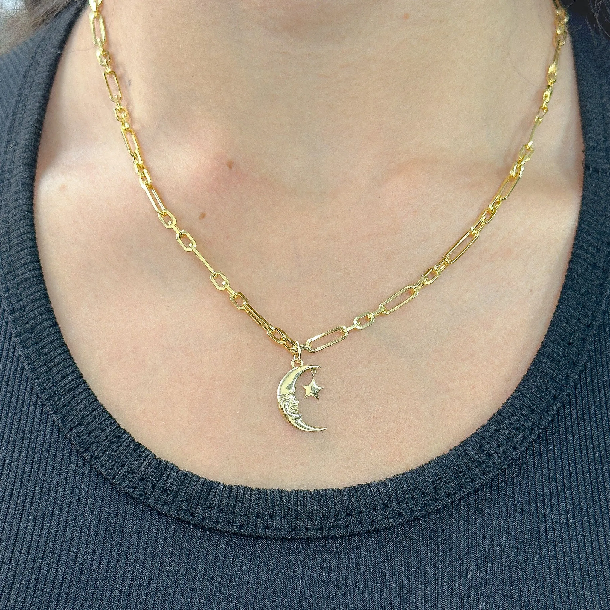 14K Gold Celestial Smiling Crescent Moon Pendant
