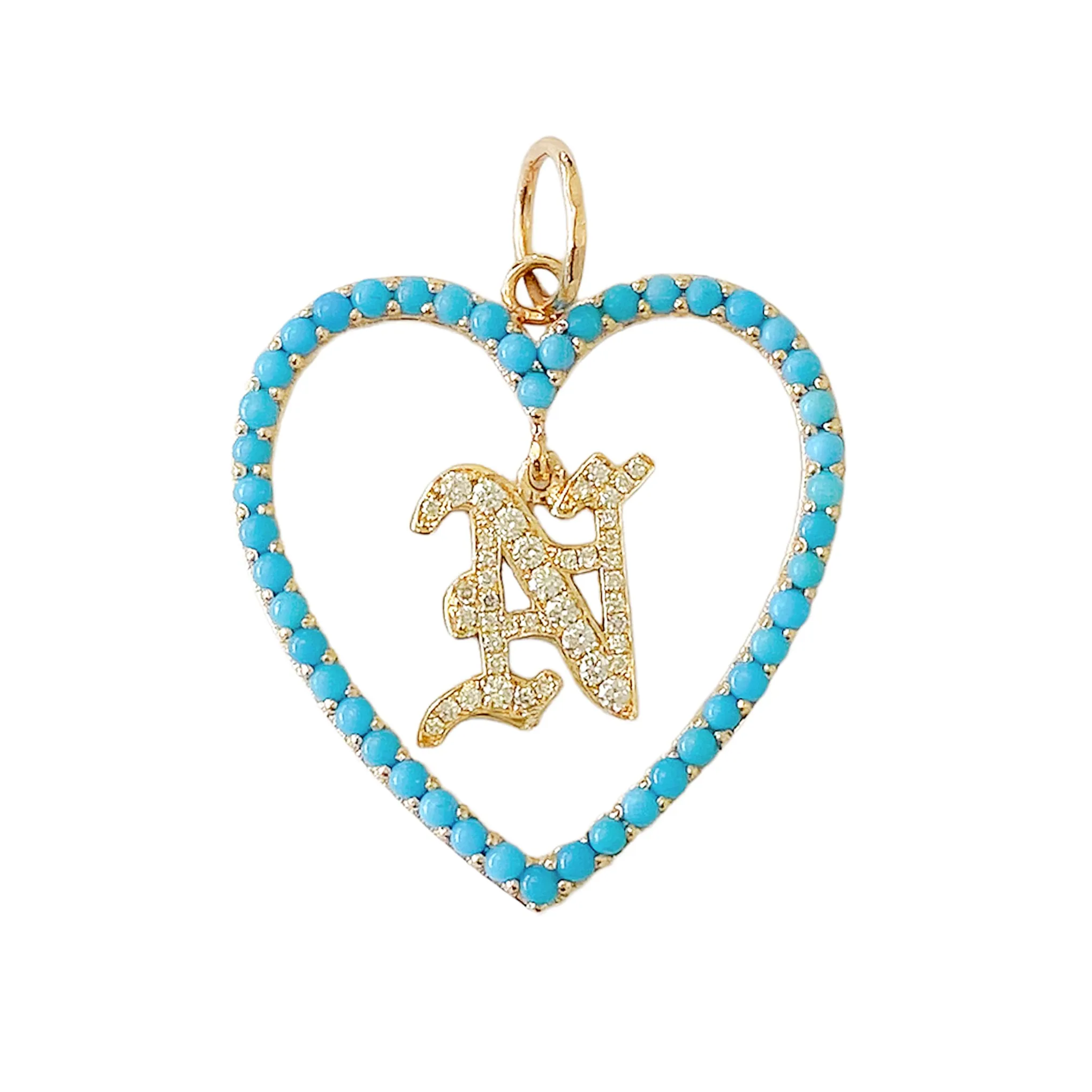 14K Gold Dangling Diamond Initial Turquoise Heart Shape Frame Pendant, Large Size