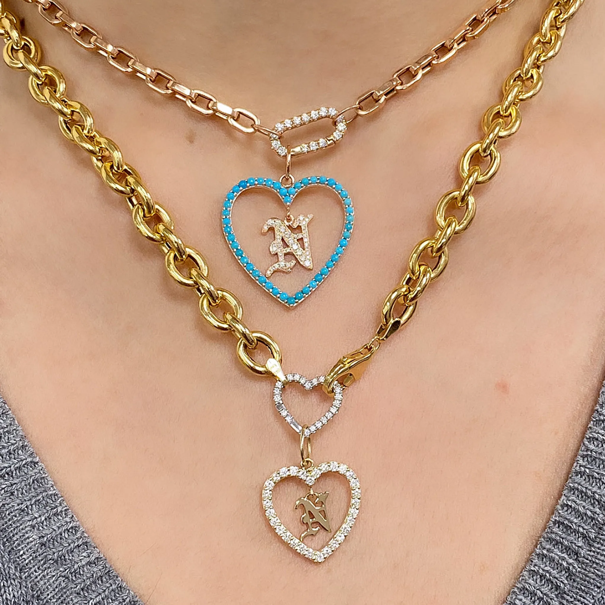 14K Gold Dangling Diamond Initial Turquoise Heart Shape Frame Pendant, Large Size