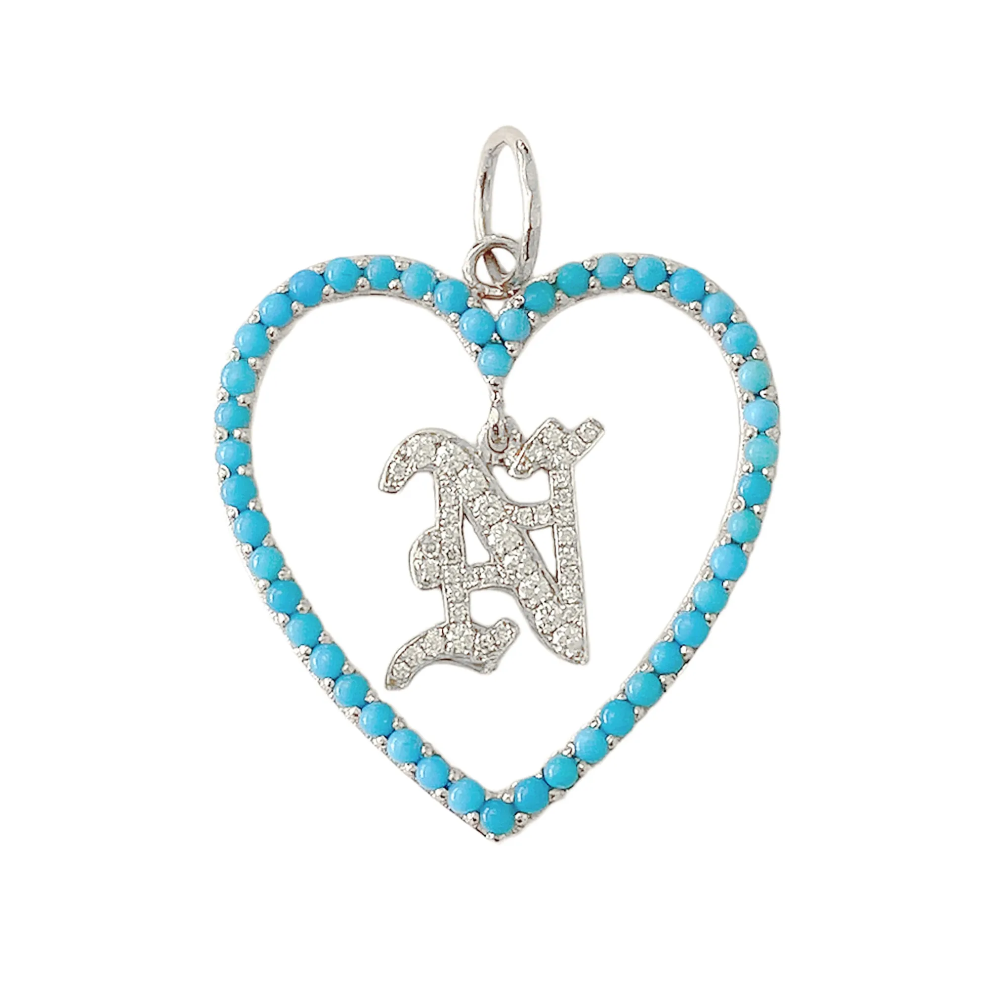 14K Gold Dangling Diamond Initial Turquoise Heart Shape Frame Pendant, Large Size