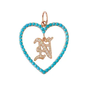 14K Gold Dangling Diamond Initial Turquoise Heart Shape Frame Pendant, Large Size