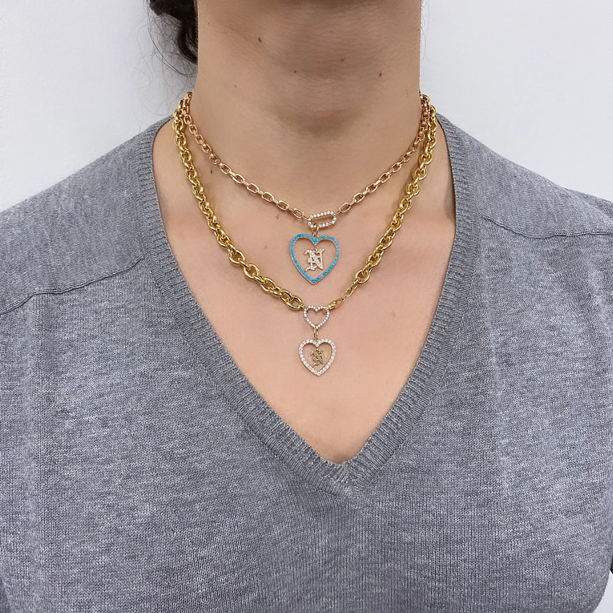 14K Gold Dangling Diamond Initial Turquoise Heart Shape Frame Pendant, Large Size