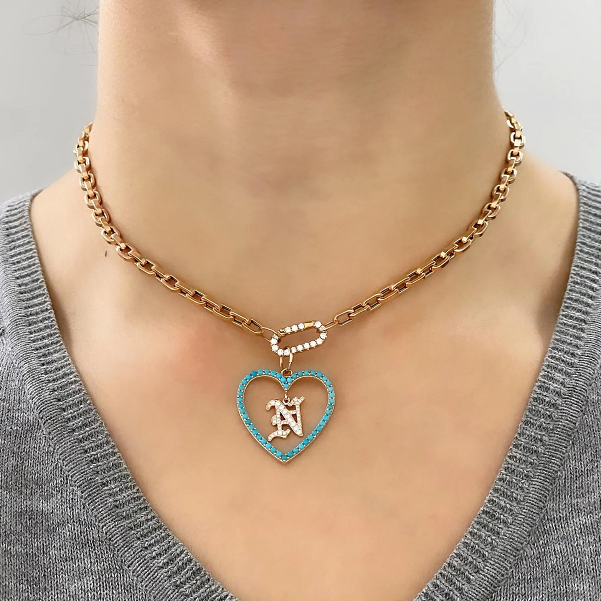 14K Gold Dangling Diamond Initial Turquoise Heart Shape Frame Pendant, Large Size