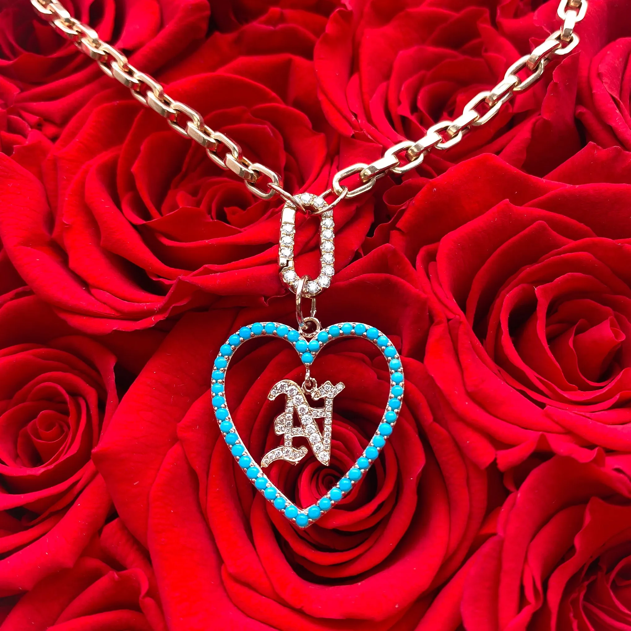 14K Gold Dangling Diamond Initial Turquoise Heart Shape Frame Pendant, Large Size