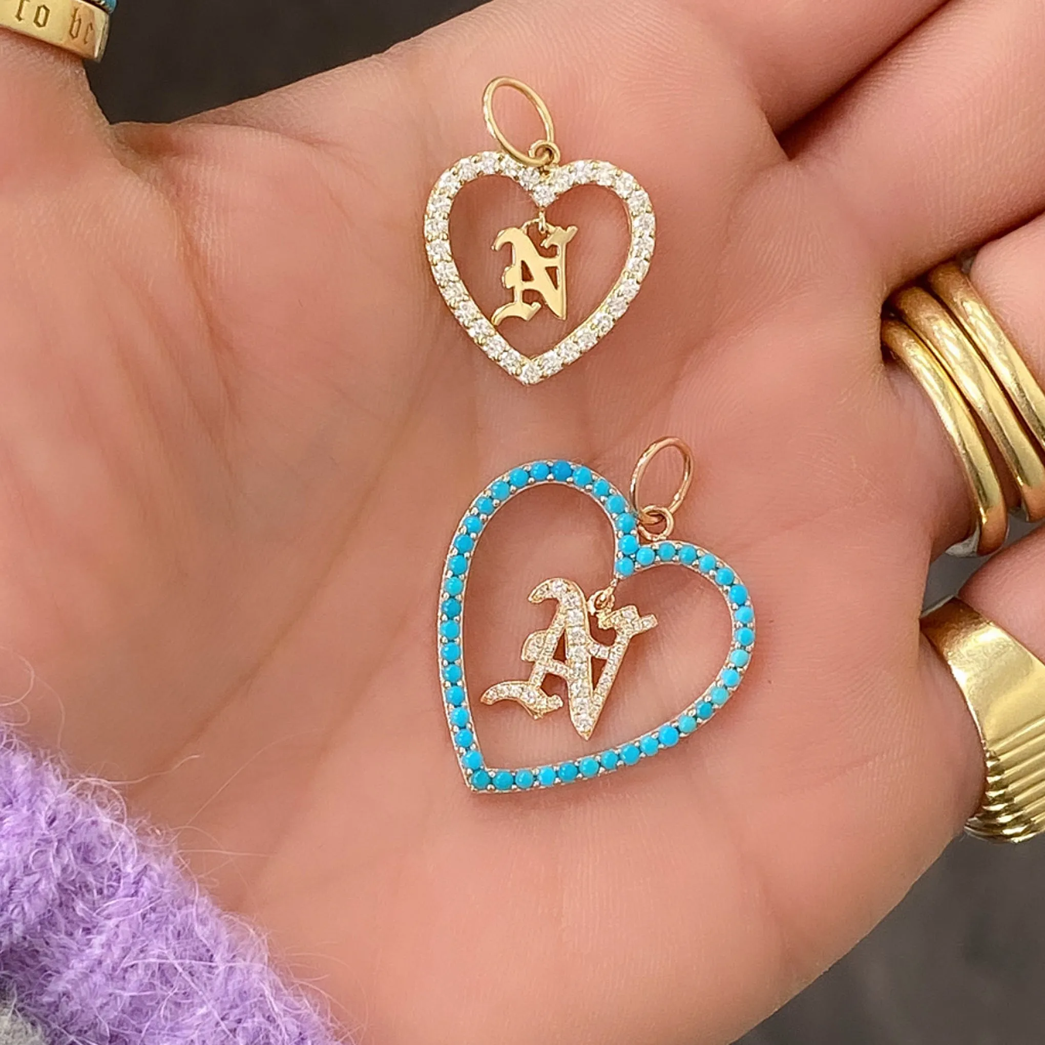 14K Gold Dangling Diamond Initial Turquoise Heart Shape Frame Pendant, Large Size