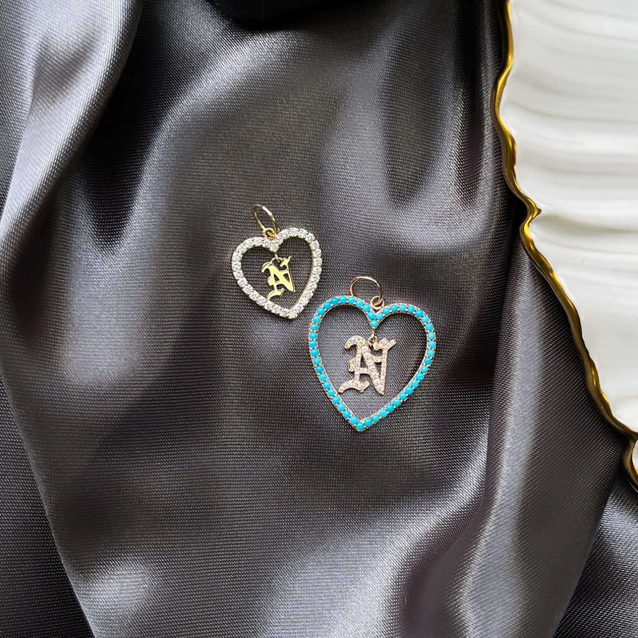 14K Gold Dangling Diamond Initial Turquoise Heart Shape Frame Pendant, Large Size