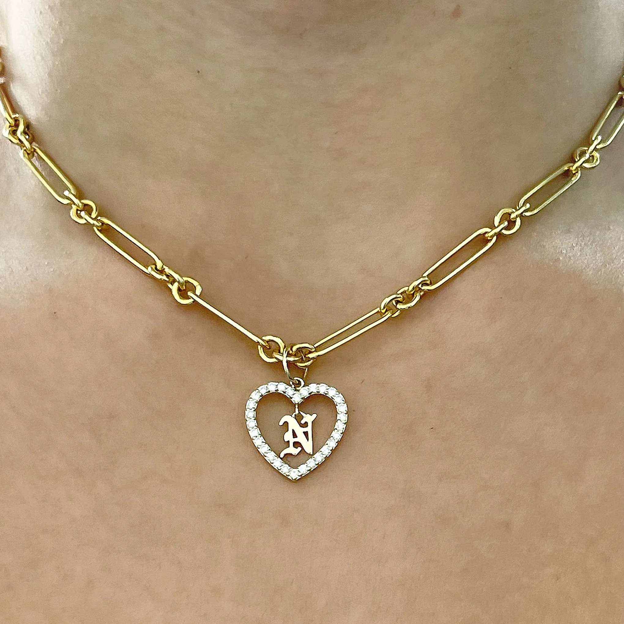 14K Gold Dangling Initial Diamond Heart Shape Frame Pendant, Medium Size
