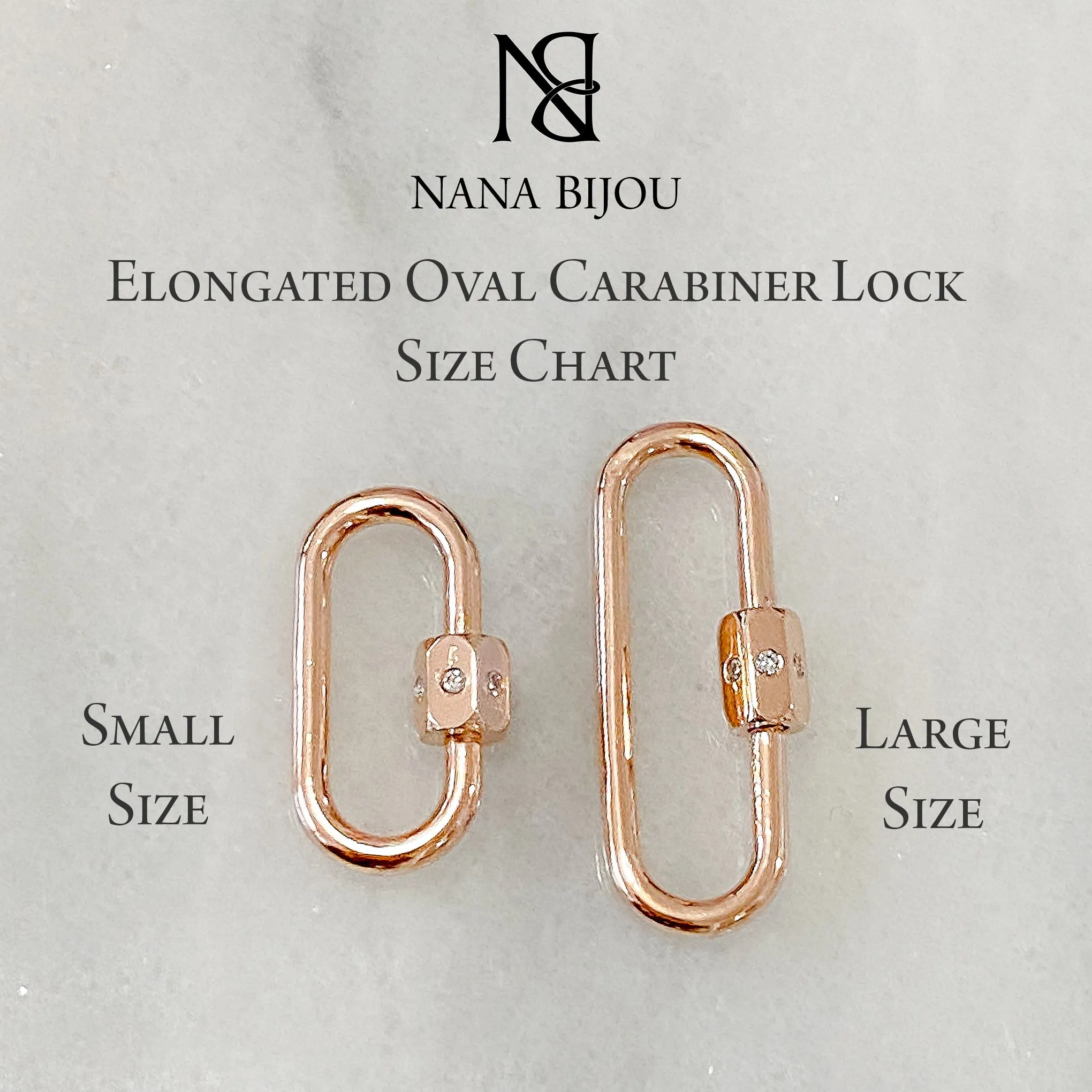 14K Gold Elongated Oval Carabiner Diamond Lock Charm Enhancer, Large Size