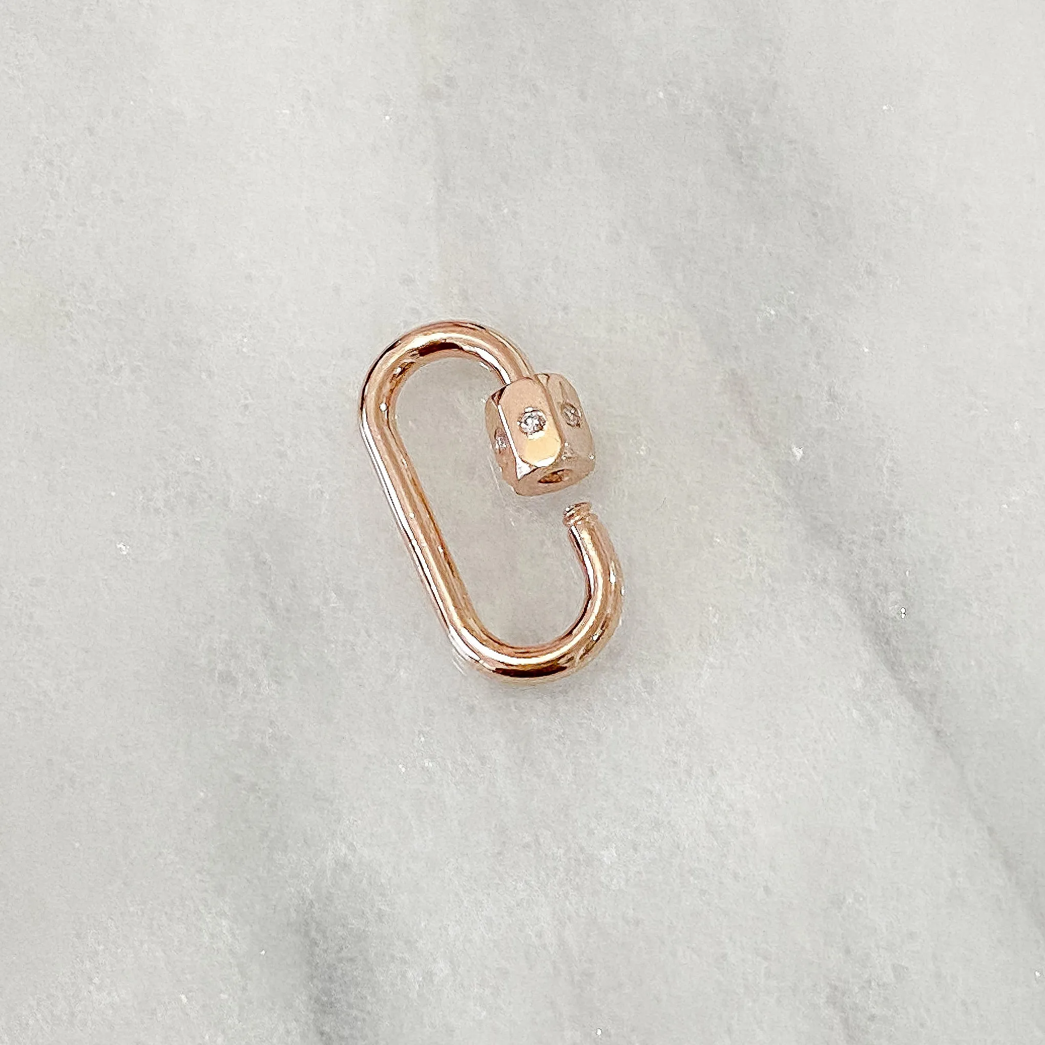 14K Gold Elongated Oval Carabiner Diamond Lock Charm Enhancer, Small Size