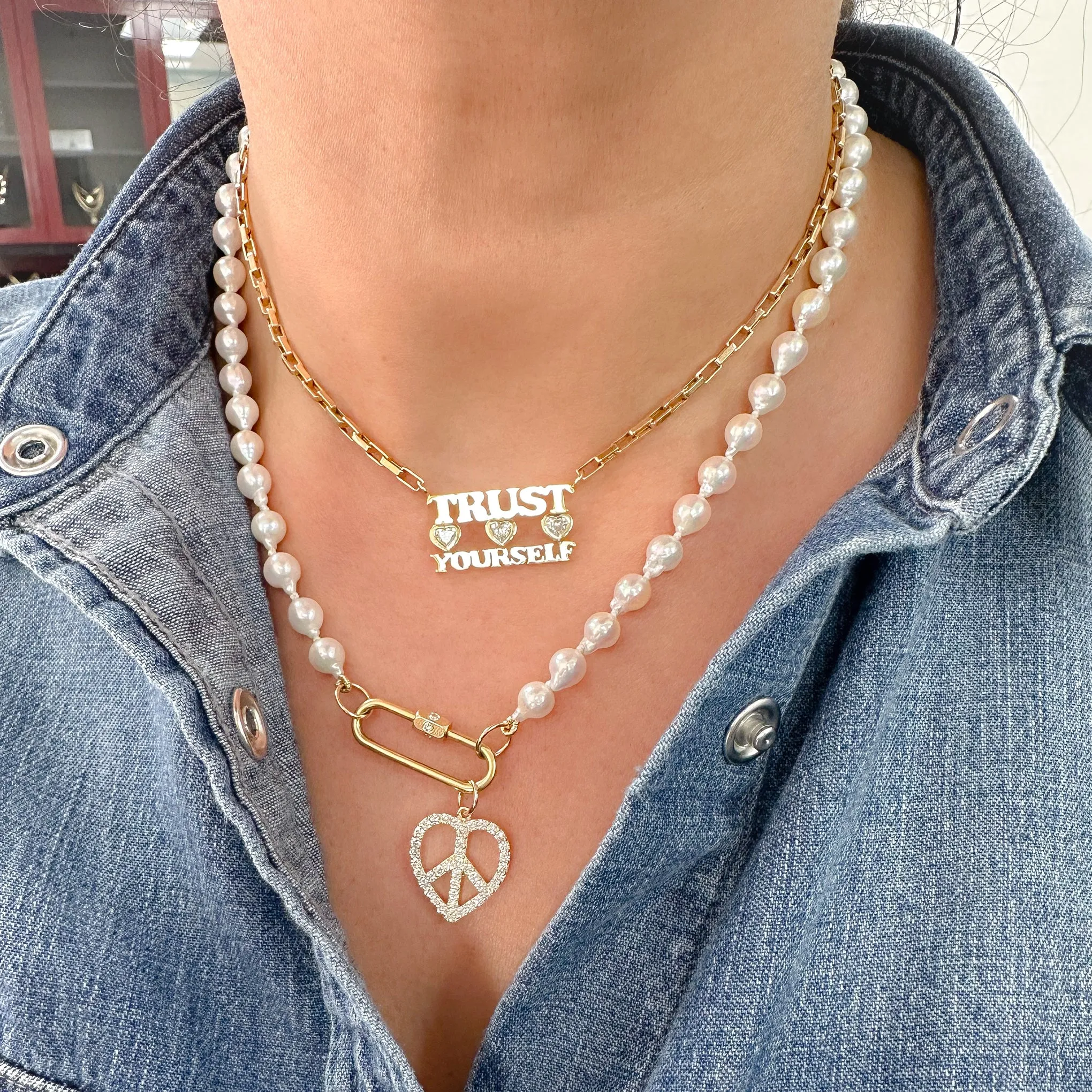 14K Gold Pavé Diamond Peace & Love Pendant, Medium Size