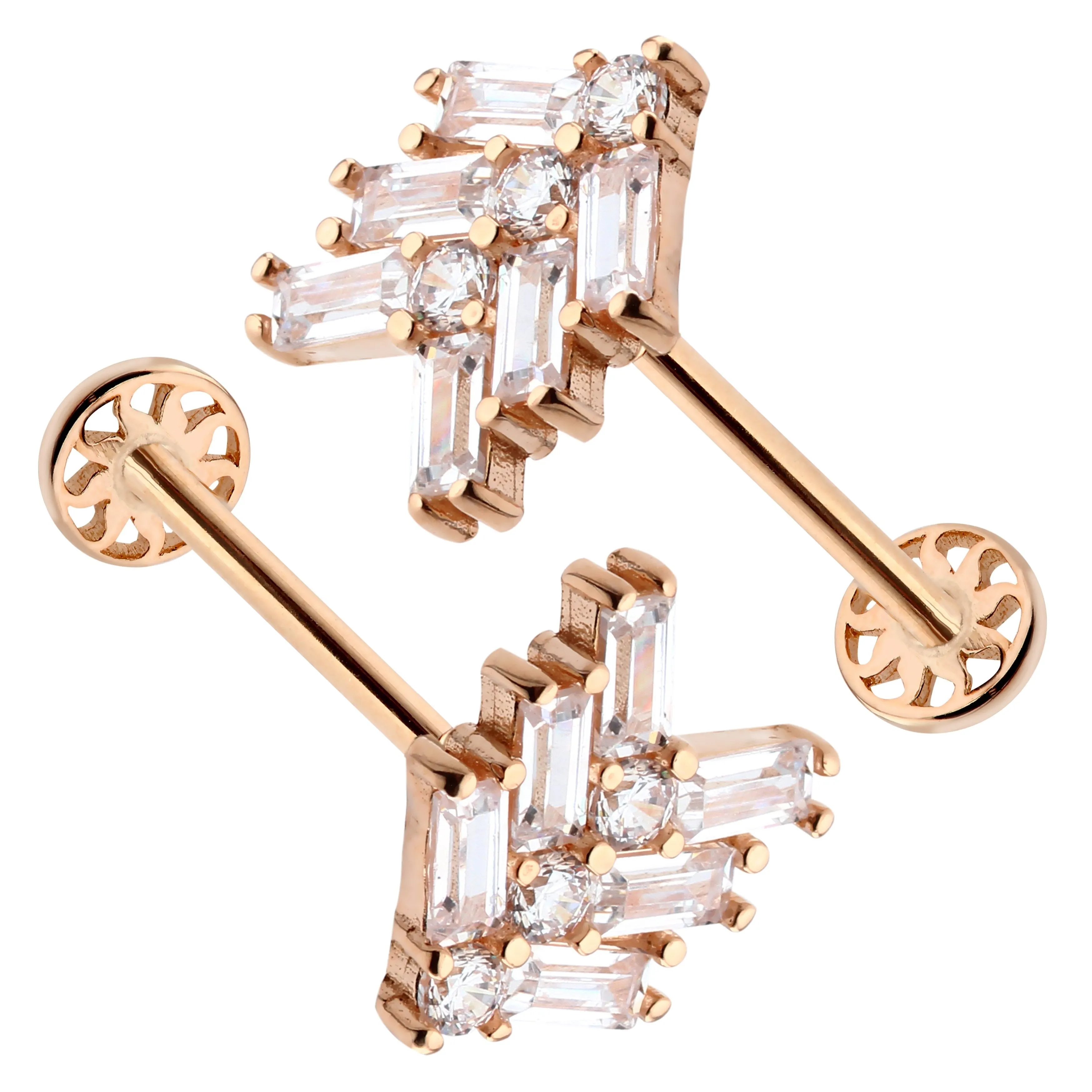 14k Gold Three Baguette Road Model Tragus Piercing