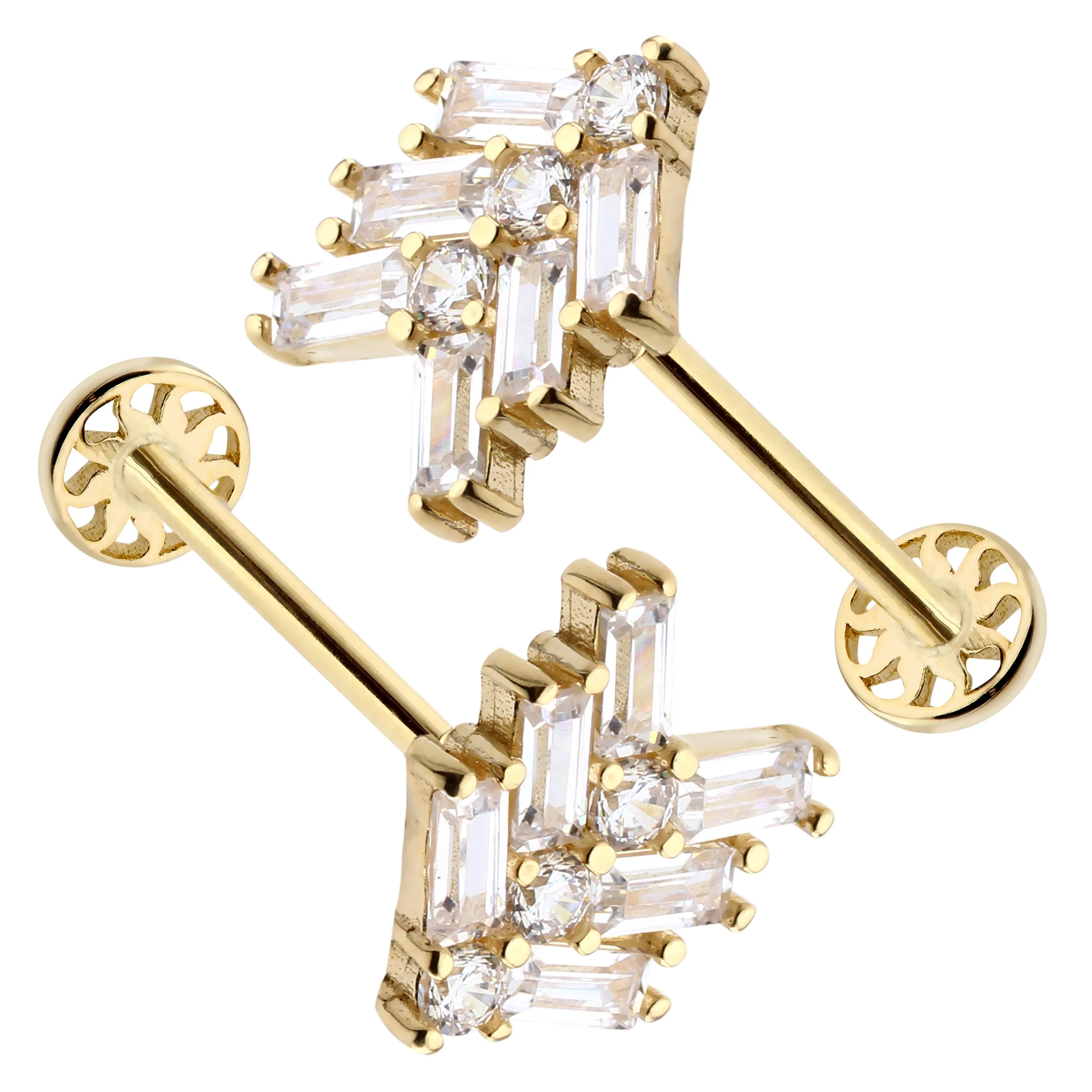 14k Gold Three Baguette Road Model Tragus Piercing