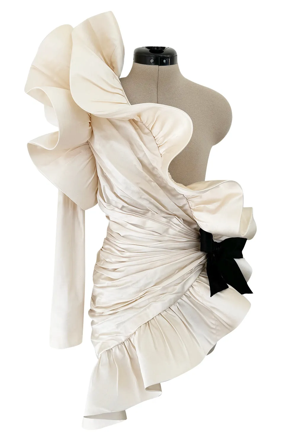 1980s Pierre Cardin Haute Couture Ivory Silk One Sleeve Ruffle Top w Bow