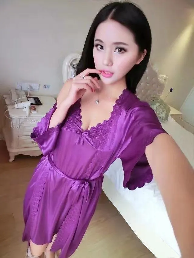 2 Pcs Satin Short Night Dress & Full Sleeves Robe - Lavender