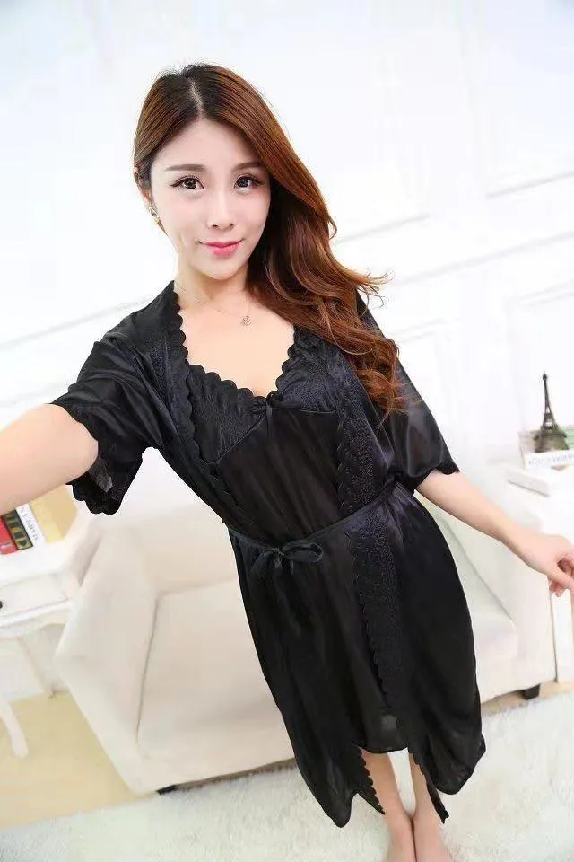 2 Pcs Satin Short Night Dress & Full Sleeves Robe - Lavender