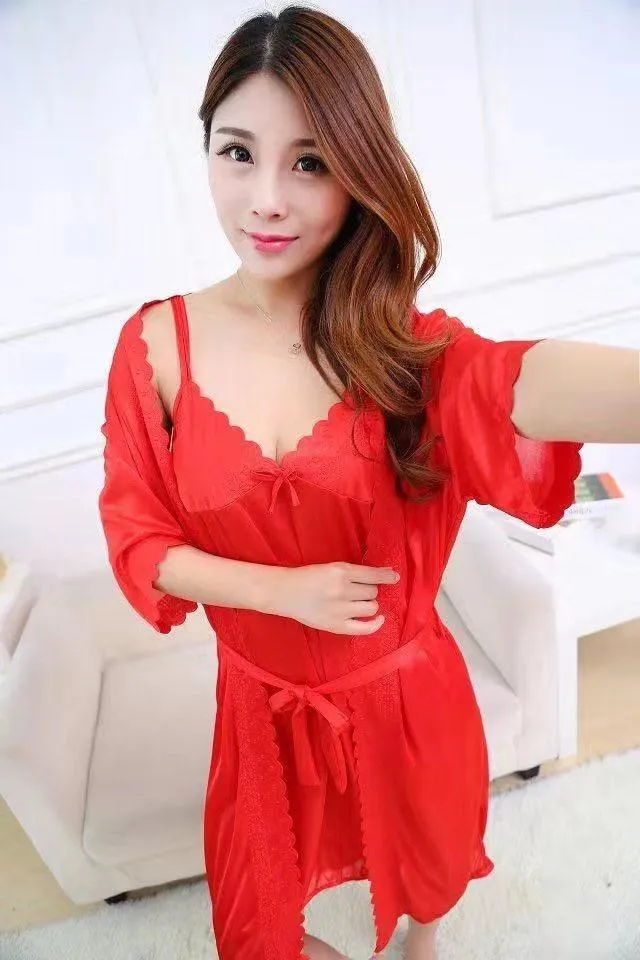 2 Pcs Satin Short Night Dress & Full Sleeves Robe - Lavender