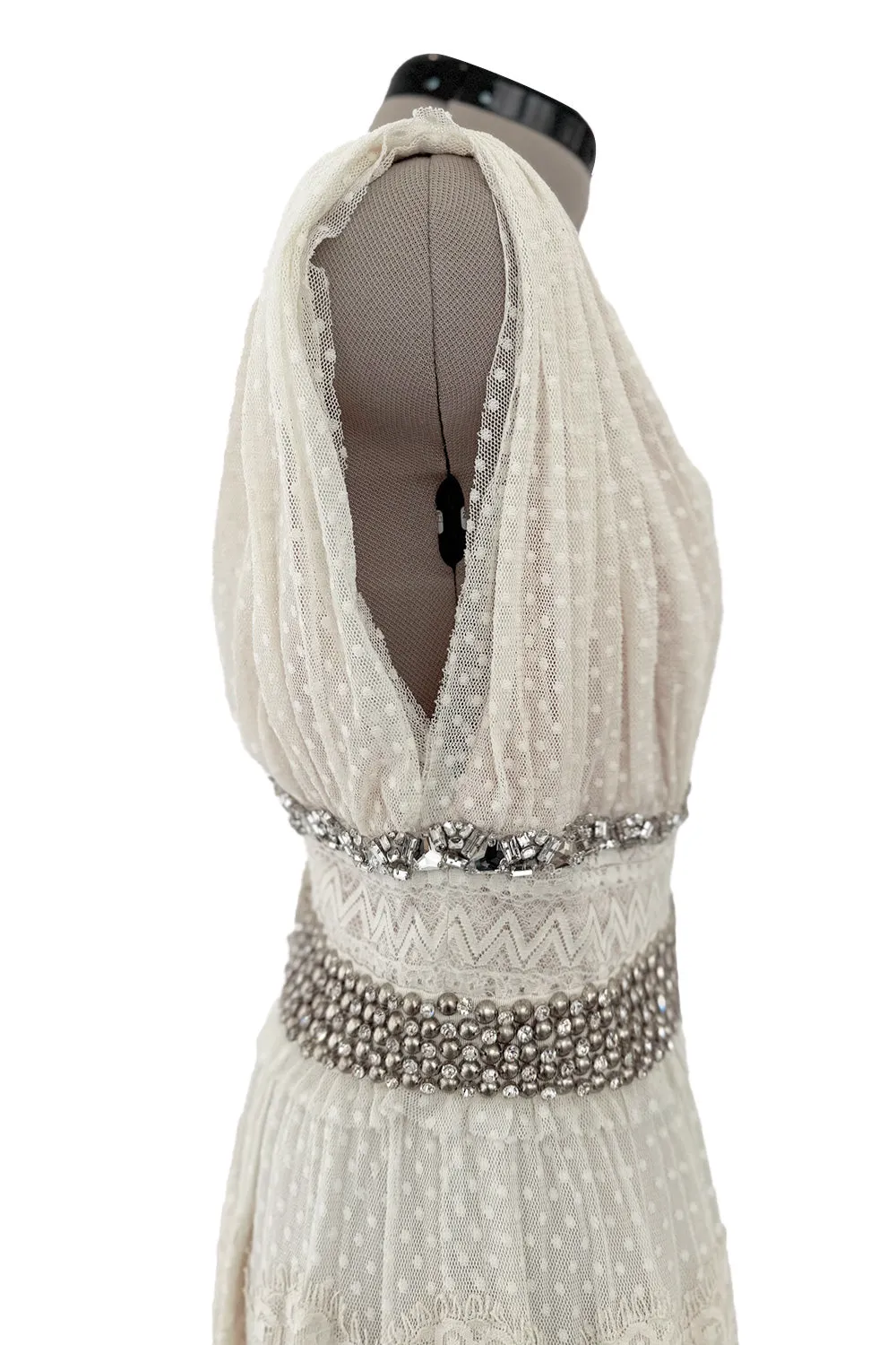 2010a Lanvin Blanche by Alber Elbaz Dotted Net Plunge Dress w Rhinestone Detailss