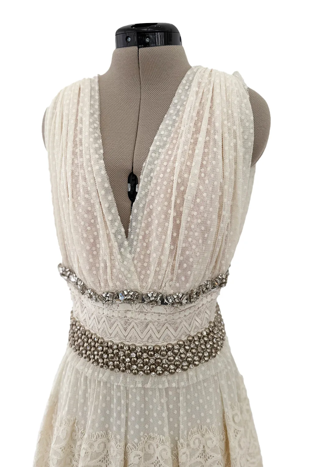 2010a Lanvin Blanche by Alber Elbaz Dotted Net Plunge Dress w Rhinestone Detailss