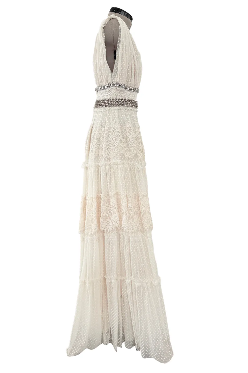 2010a Lanvin Blanche by Alber Elbaz Dotted Net Plunge Dress w Rhinestone Detailss