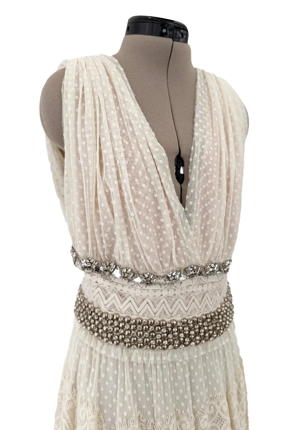 2010a Lanvin Blanche by Alber Elbaz Dotted Net Plunge Dress w Rhinestone Detailss