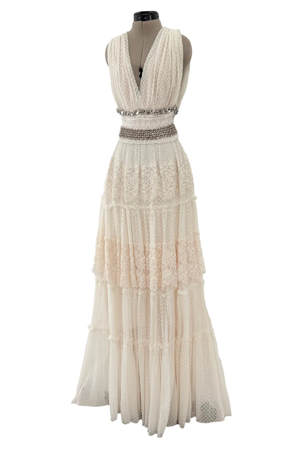 2010a Lanvin Blanche by Alber Elbaz Dotted Net Plunge Dress w Rhinestone Detailss