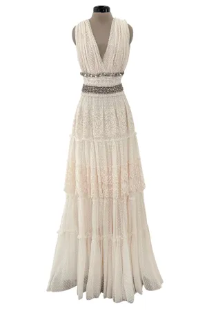 2010a Lanvin Blanche by Alber Elbaz Dotted Net Plunge Dress w Rhinestone Detailss