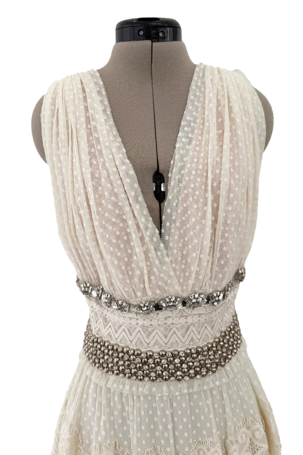 2010a Lanvin Blanche by Alber Elbaz Dotted Net Plunge Dress w Rhinestone Detailss