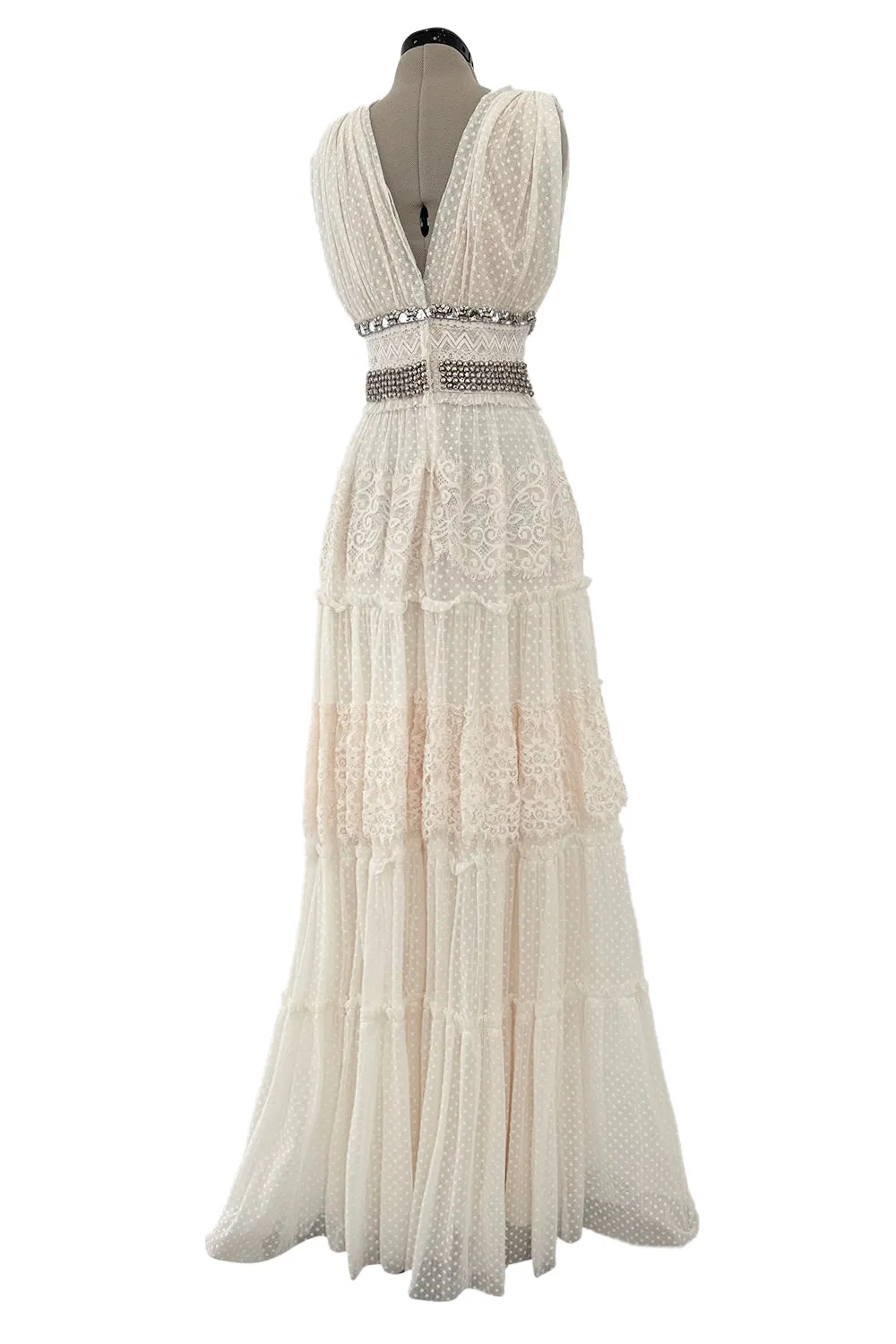 2010a Lanvin Blanche by Alber Elbaz Dotted Net Plunge Dress w Rhinestone Detailss