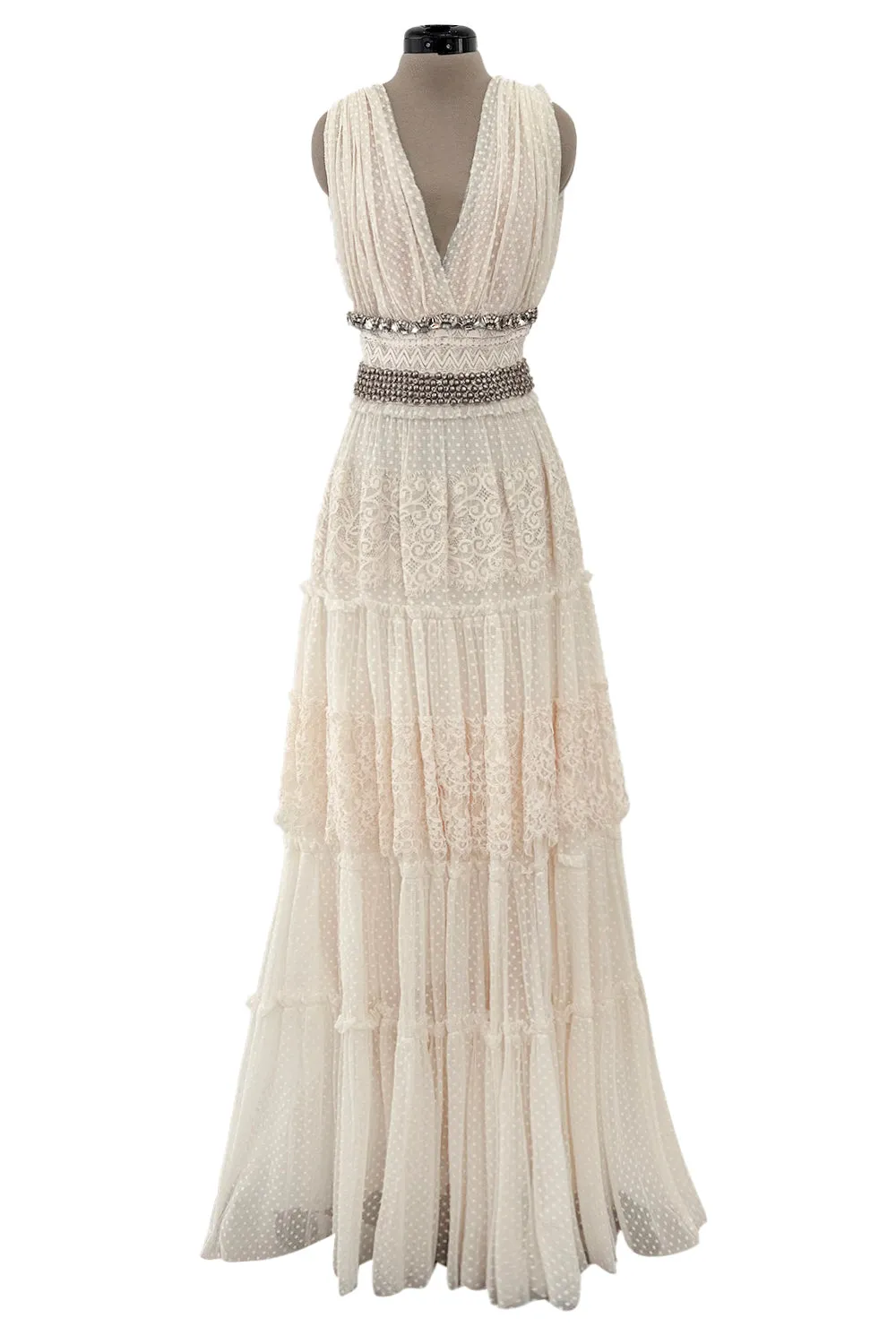 2010a Lanvin Blanche by Alber Elbaz Dotted Net Plunge Dress w Rhinestone Detailss