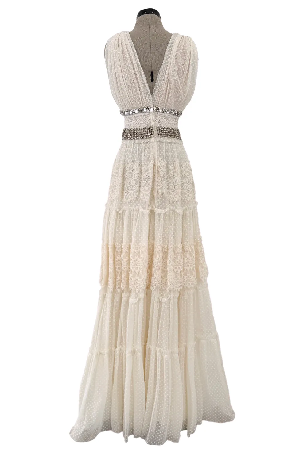 2010a Lanvin Blanche by Alber Elbaz Dotted Net Plunge Dress w Rhinestone Detailss