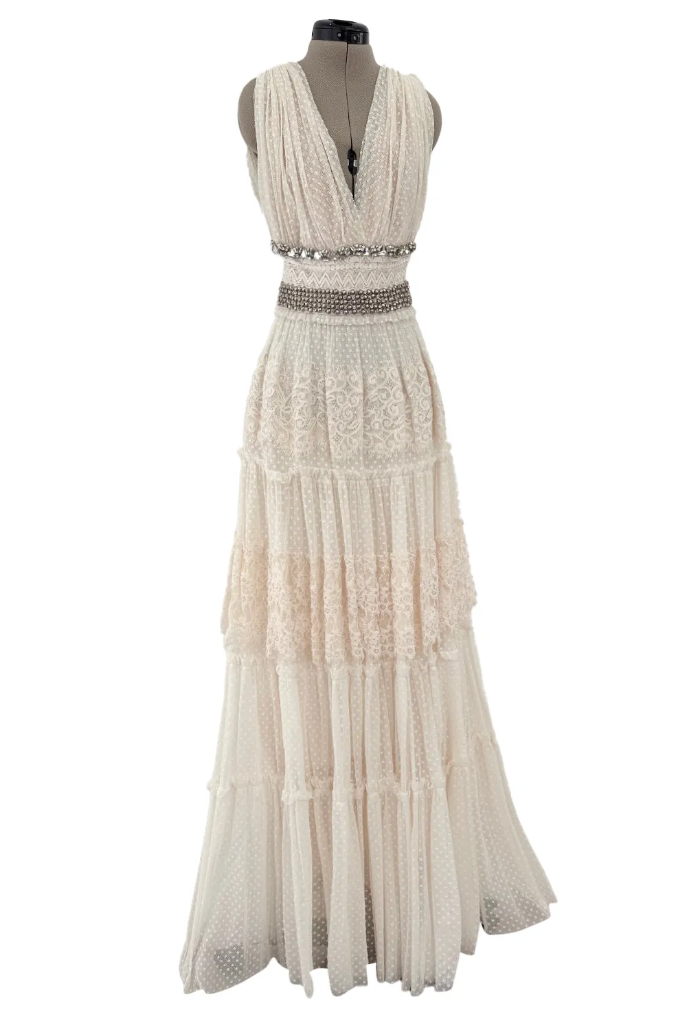 2010a Lanvin Blanche by Alber Elbaz Dotted Net Plunge Dress w Rhinestone Detailss