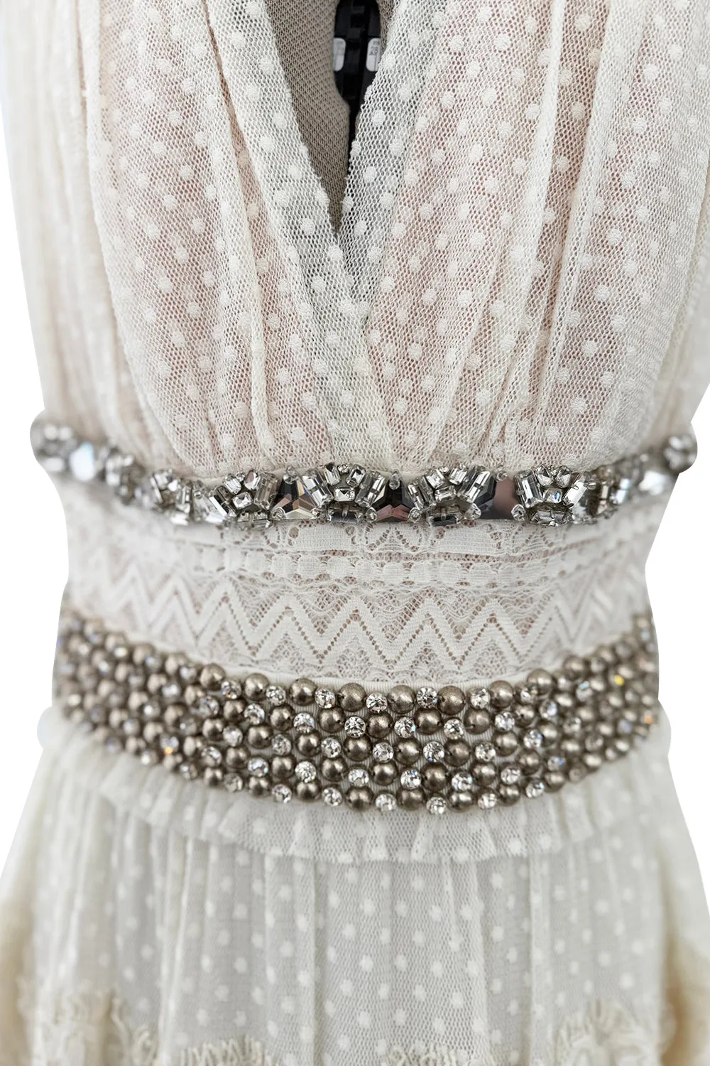 2010a Lanvin Blanche by Alber Elbaz Dotted Net Plunge Dress w Rhinestone Detailss