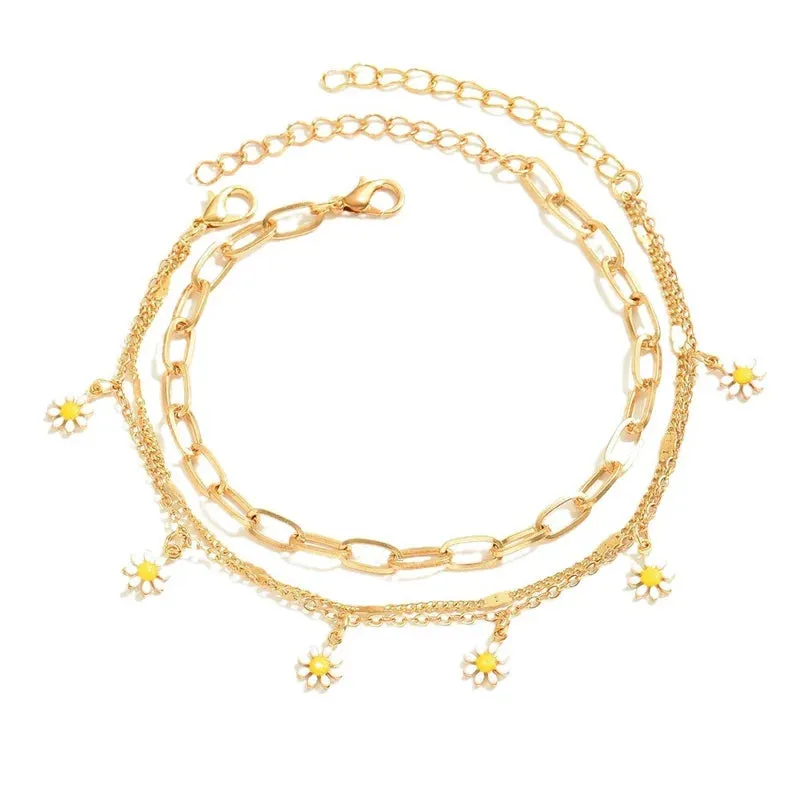 3pcs/set Small Daisy Flower Multilayer Chain Anklets