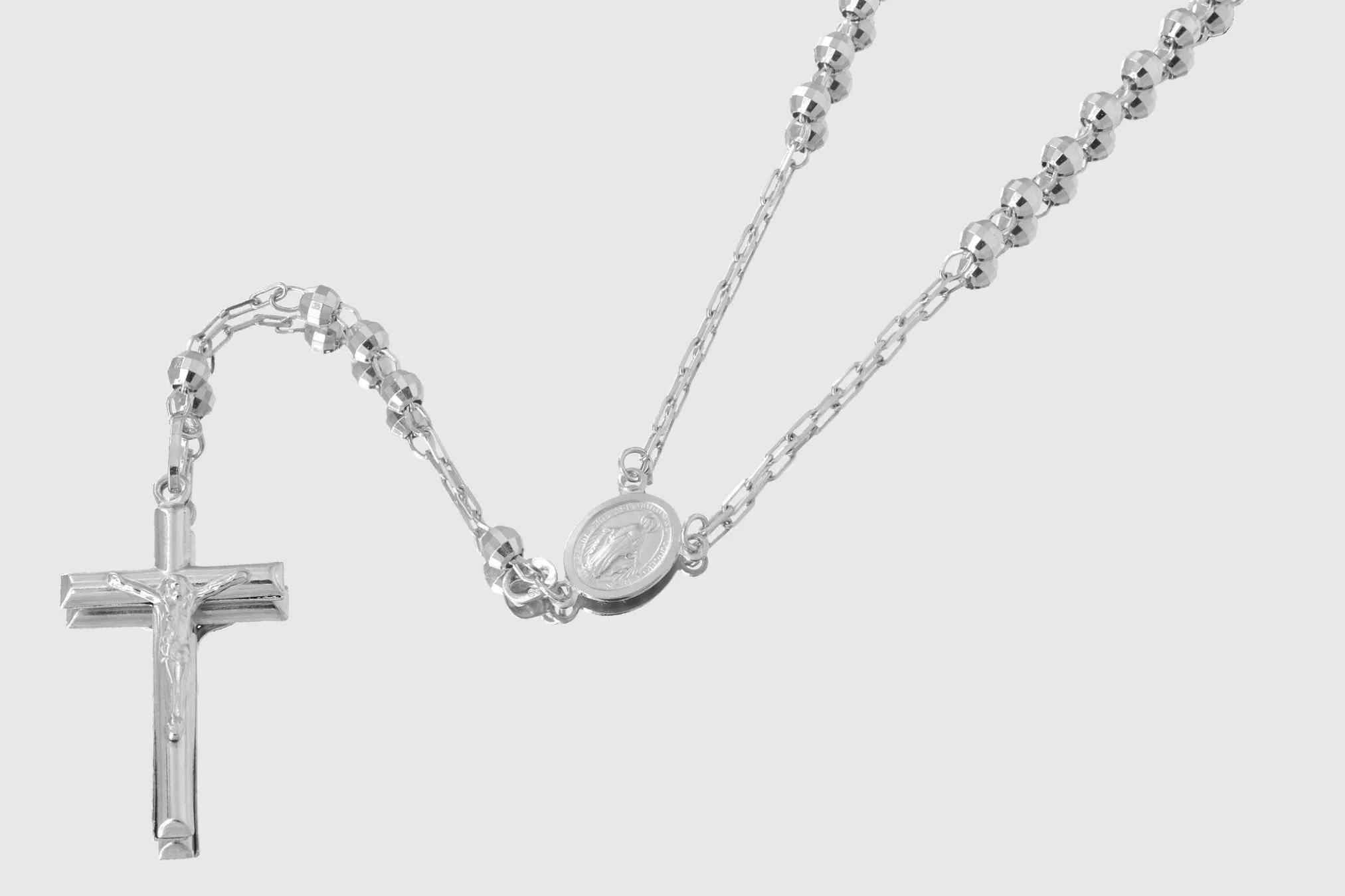 4mm 14K Rosary Shiny Diamond Cut White Gold Necklace