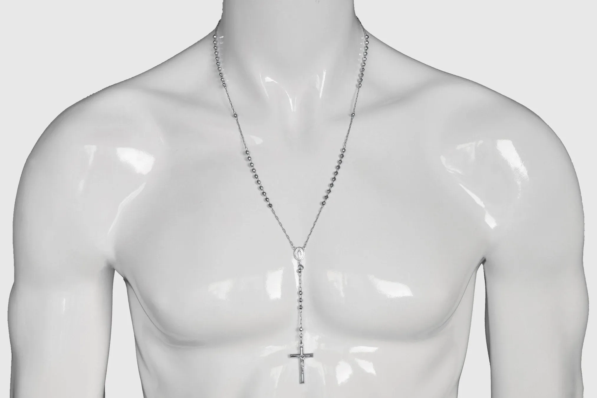 4mm 14K Rosary Shiny Diamond Cut White Gold Necklace