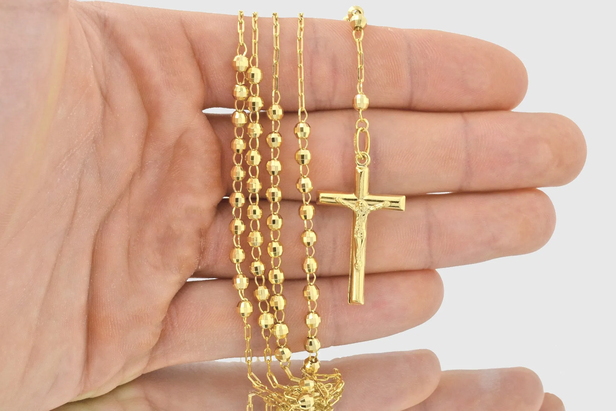 4mm 14K Rosary Shiny Diamond Cut Yellow Gold Necklace
