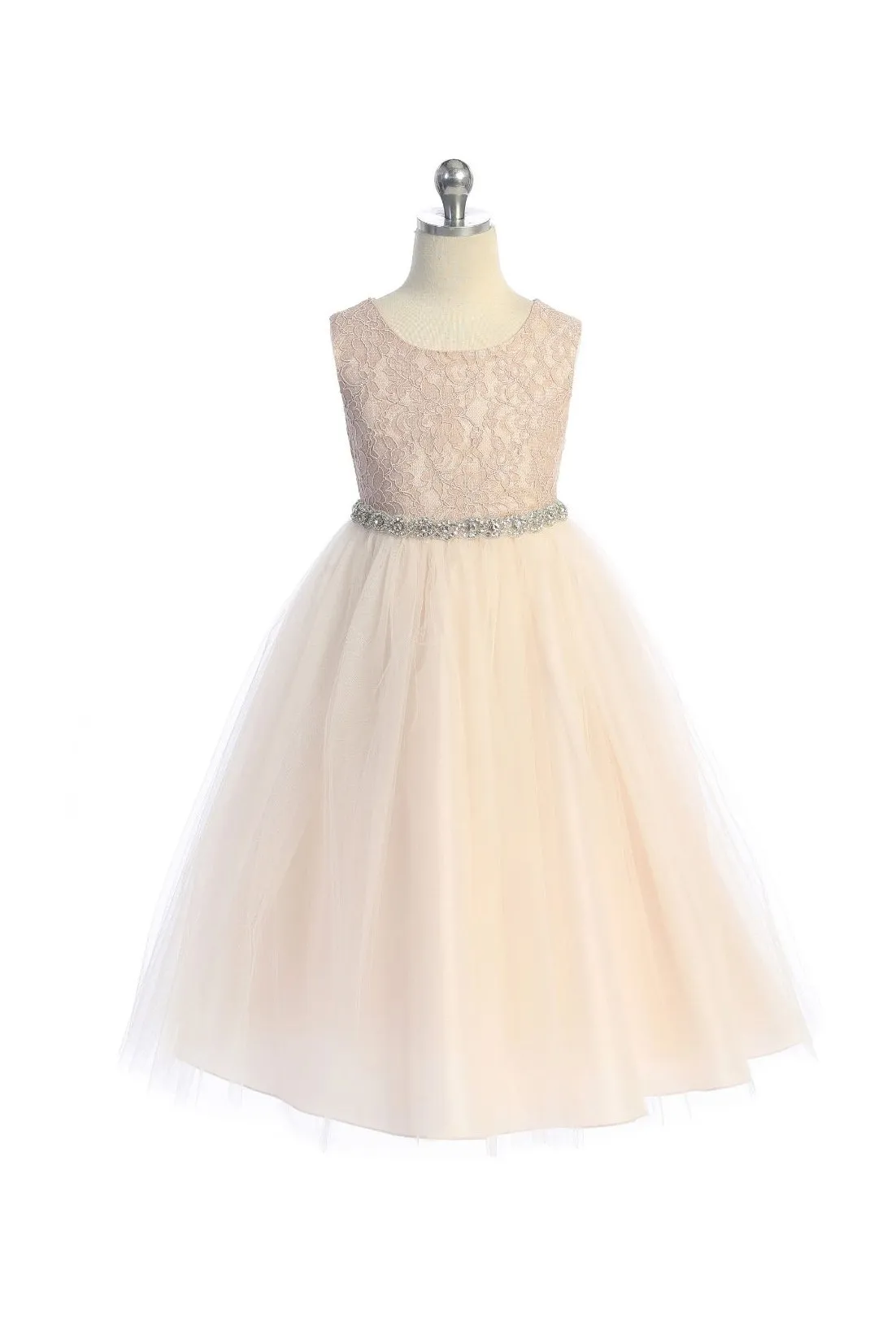 524-A Long Lace Illusion Dress w/Rhinestone Trim