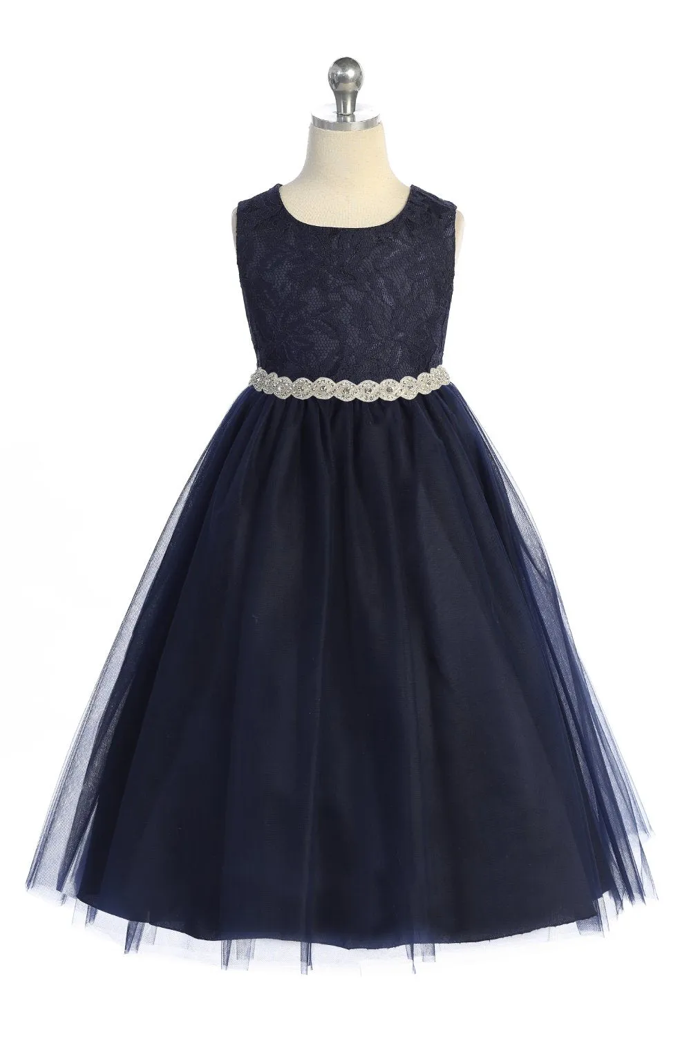 524-A Long Lace Illusion Dress w/Rhinestone Trim
