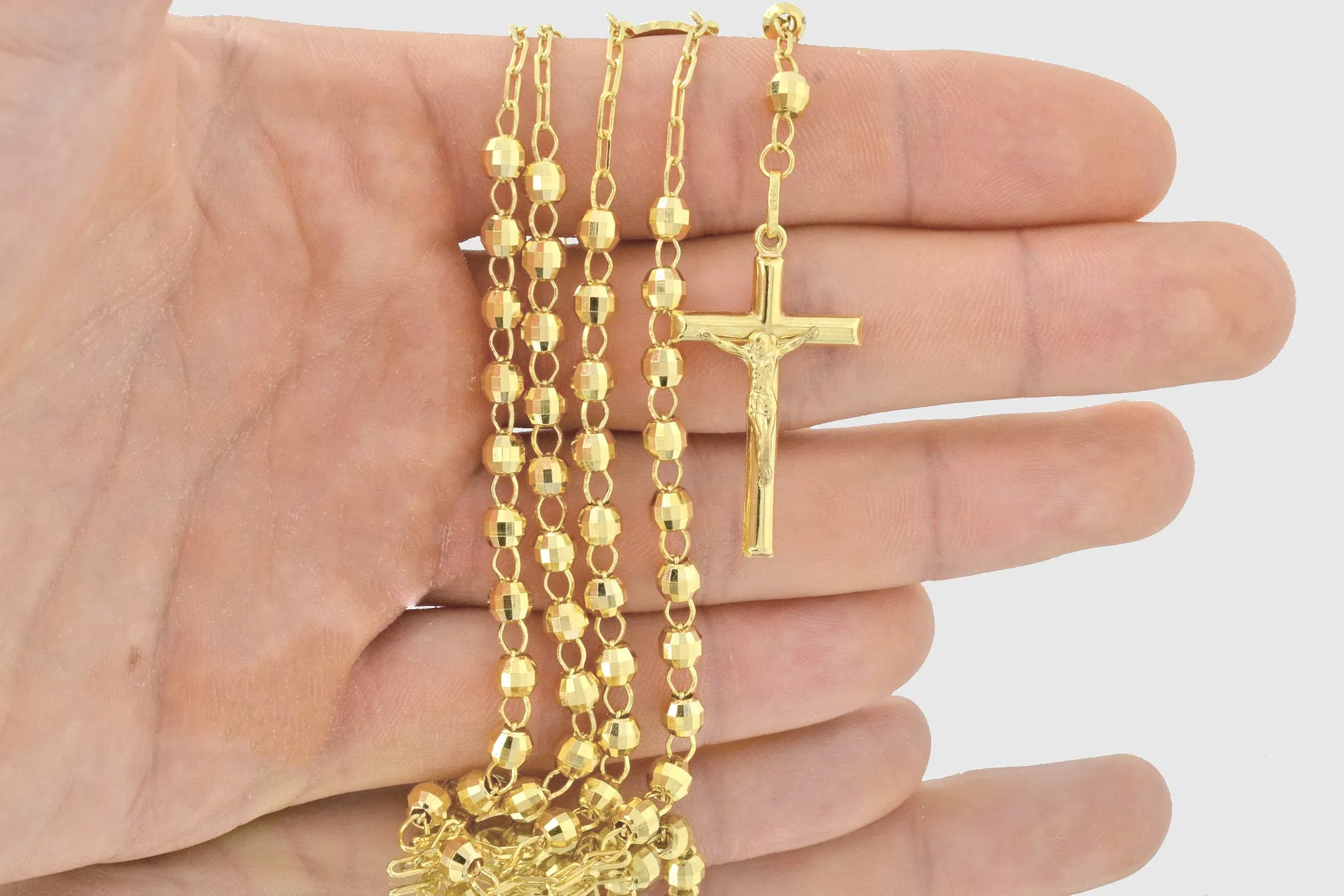 5mm 14K Rosary Shiny Diamond Cut Yellow Gold Necklace