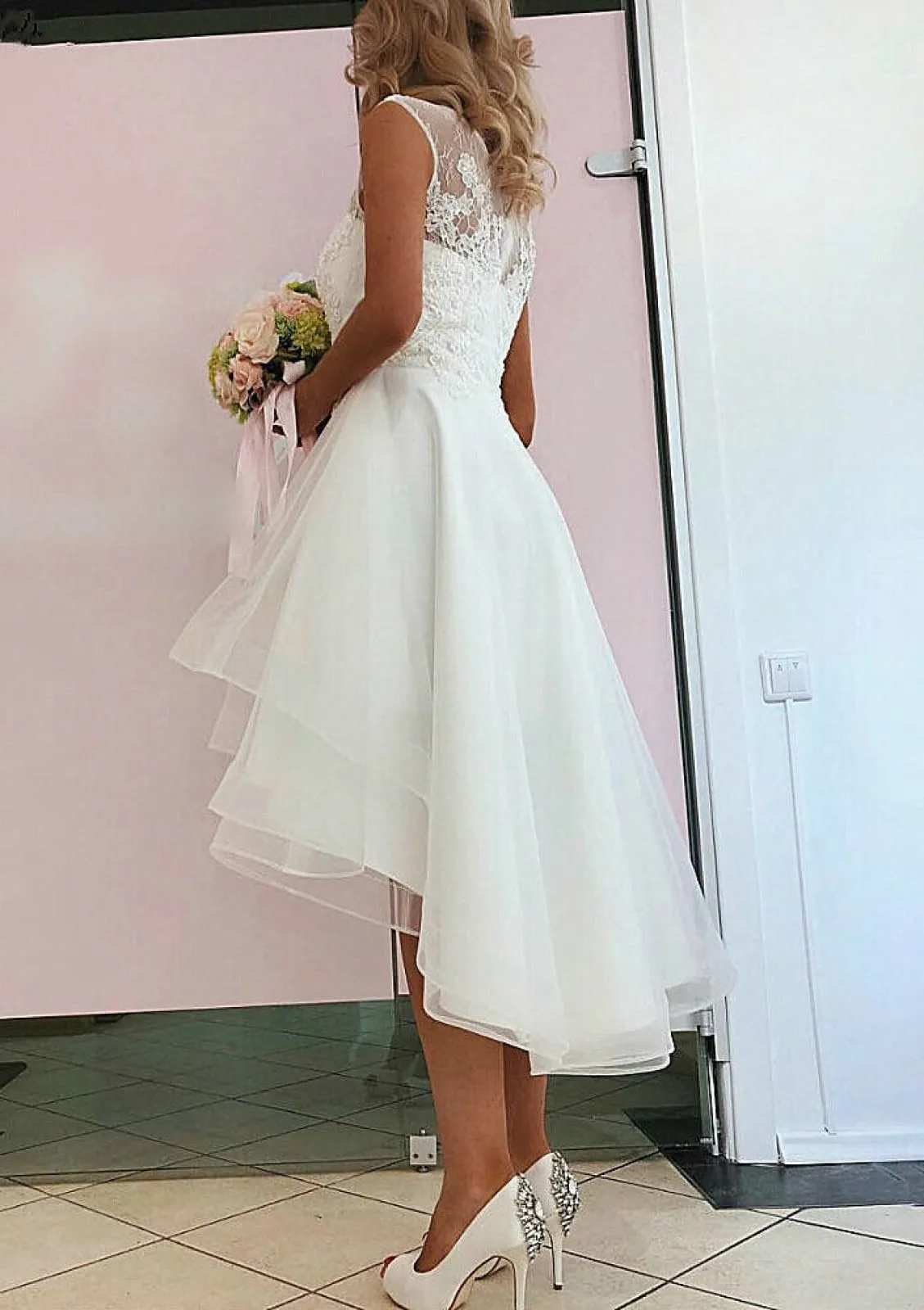 A-line Sleeveless Hi Low Tulle Short Wedding Dress, Lace