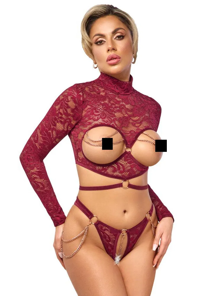 Abierta Fina Red Lace Set