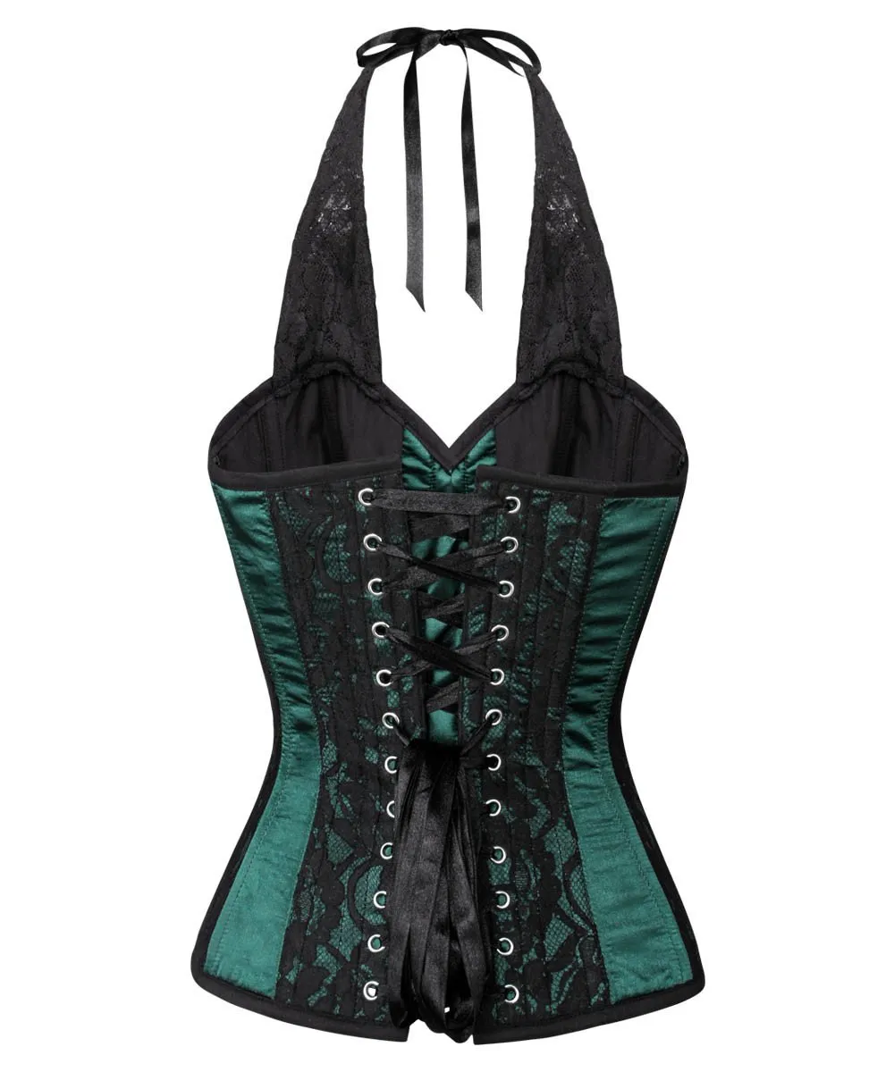 Agape Lace Overlay Green Corset with Halter Strap