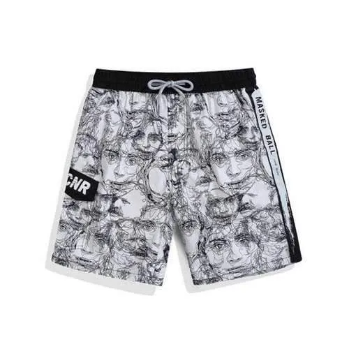 Allover Face Line Drawing Print Beach Shorts - White L