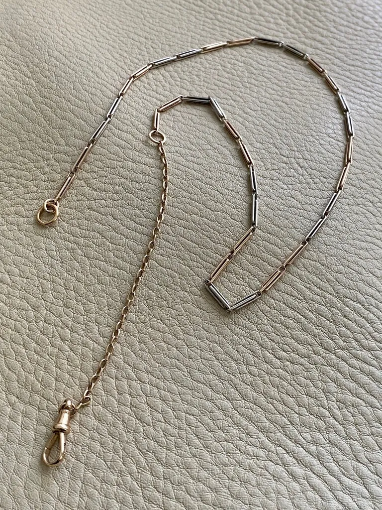 Antique Two Color watch chain necklace - 9k gold - 19.7 inch length hayseed link