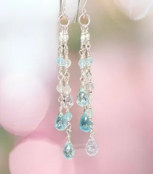 Aquamarine Gem Dangle Earrings, Sterling Silver, Long Tassel Style