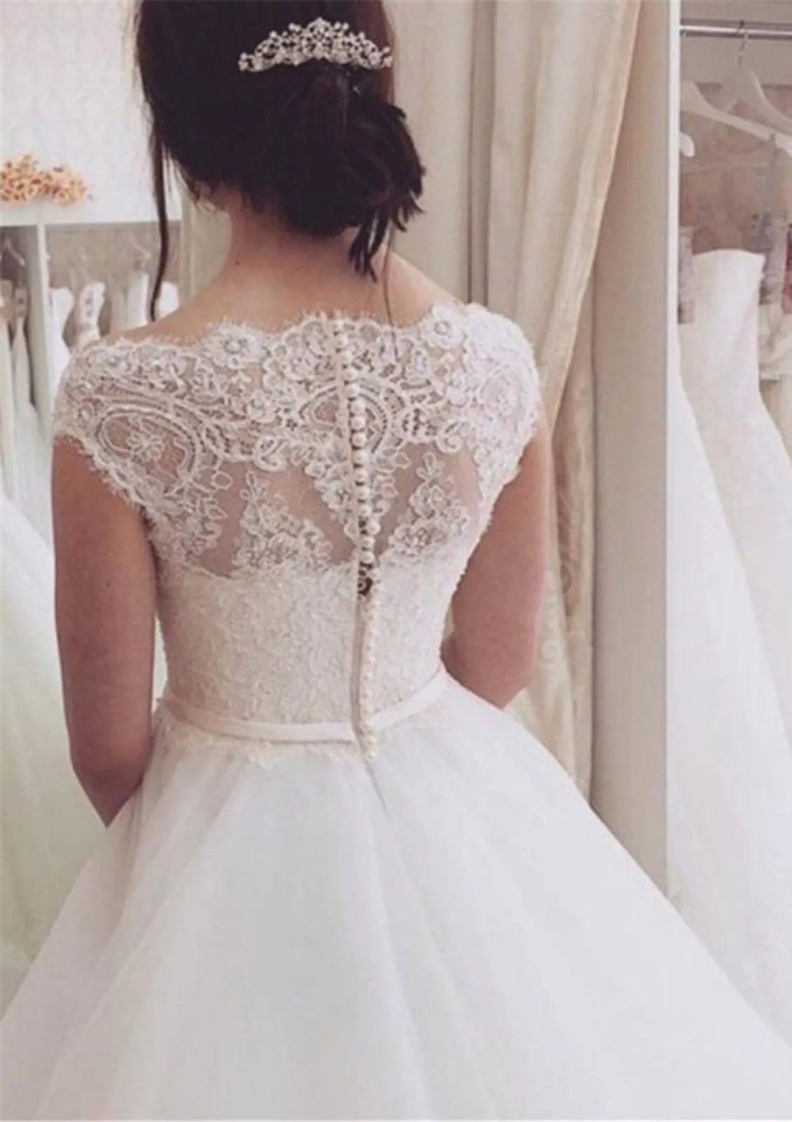 Ball Gown Bateau Cap Sleeve Lace Tulle Wedding Dress, Waistband