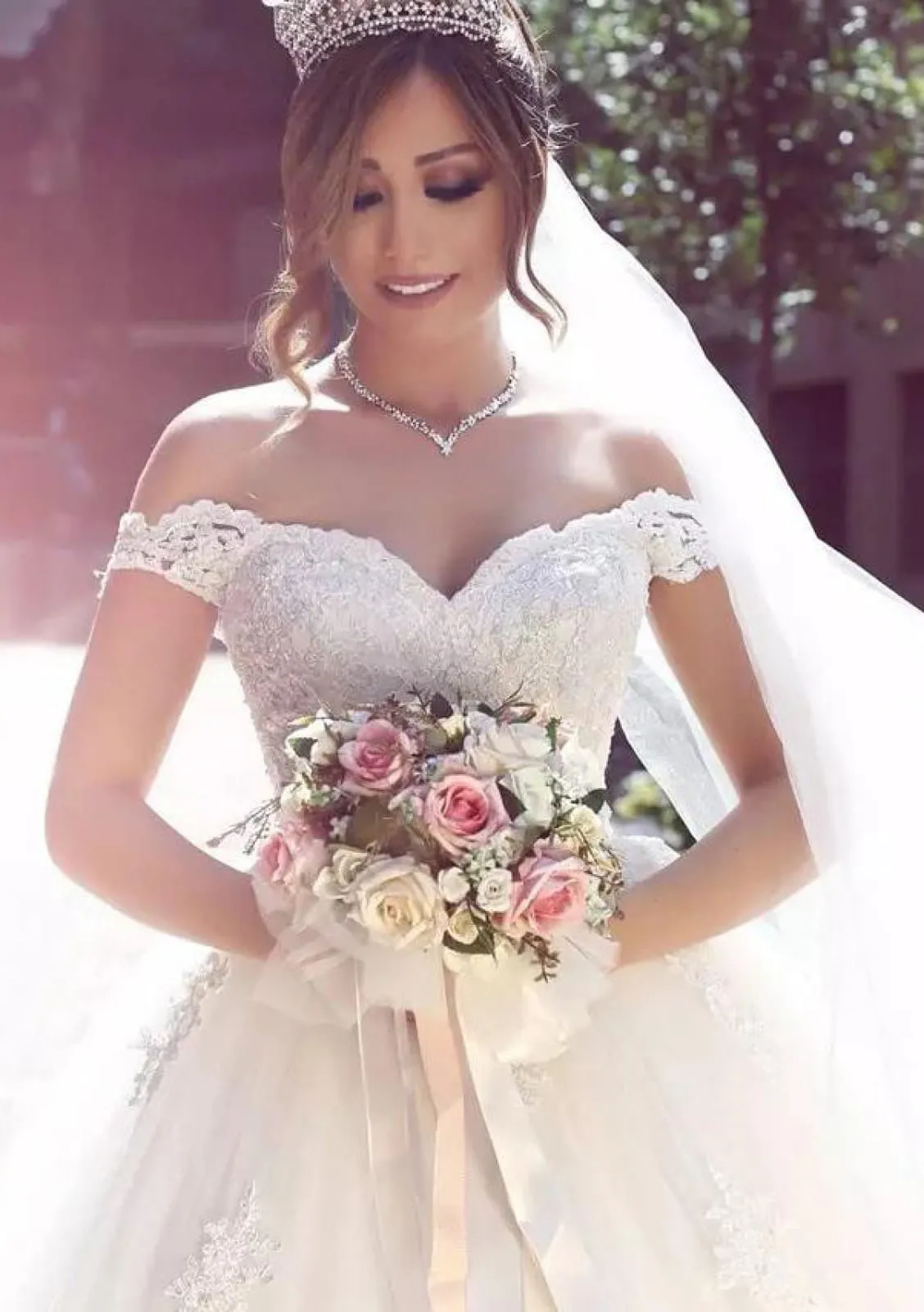 Ball Gown Off Shoulder Sweetheart Long Tulle Bridal Wedding Dress, Lace